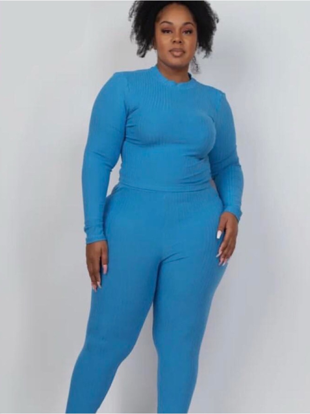 Elle Blue Ribbed Mock Neck Top & Pant Set